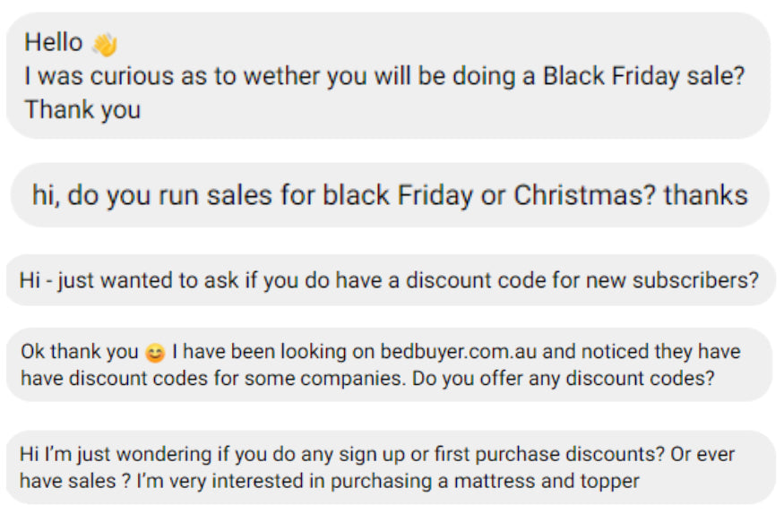 The image shows a series of direct messages from customers asking about Peacelily sales or Black Friday deals
