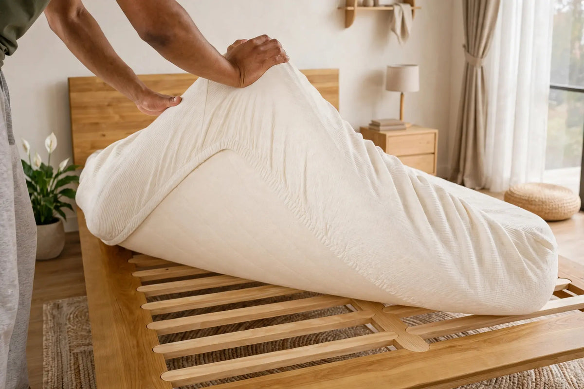 Person unrolling a Peace Lily latex mattress onto the Timber Bed Frame's slatted base