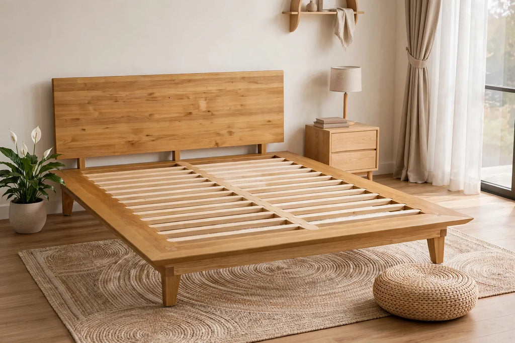 Peace Lily Timber Bed Frame with headboard and slatted base in a Japandi-style bedroom