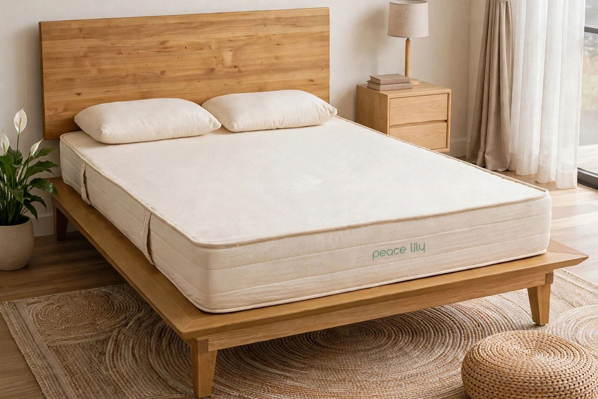 Peace Lily Timber Bed Frame fitted with a Peace Lily latex mattress and two pillows
